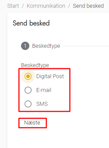 Kommunikation - send besked - vælg beskedtype