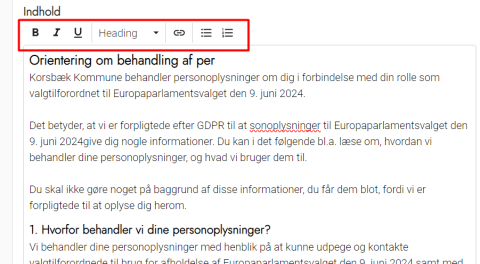 Administration - Oplysningserklæring - rediger indhold